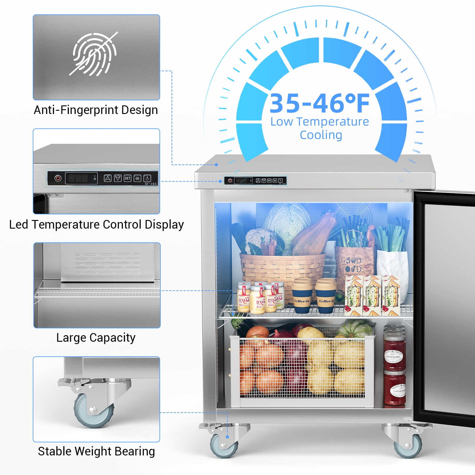 28" W 1 Door Refrigerator Sandwich & Salad Prep Table Commercial Top Refrigerator Stainless Steel Counter Fan Cooling-28 Large Capacity Inches for Restaurant