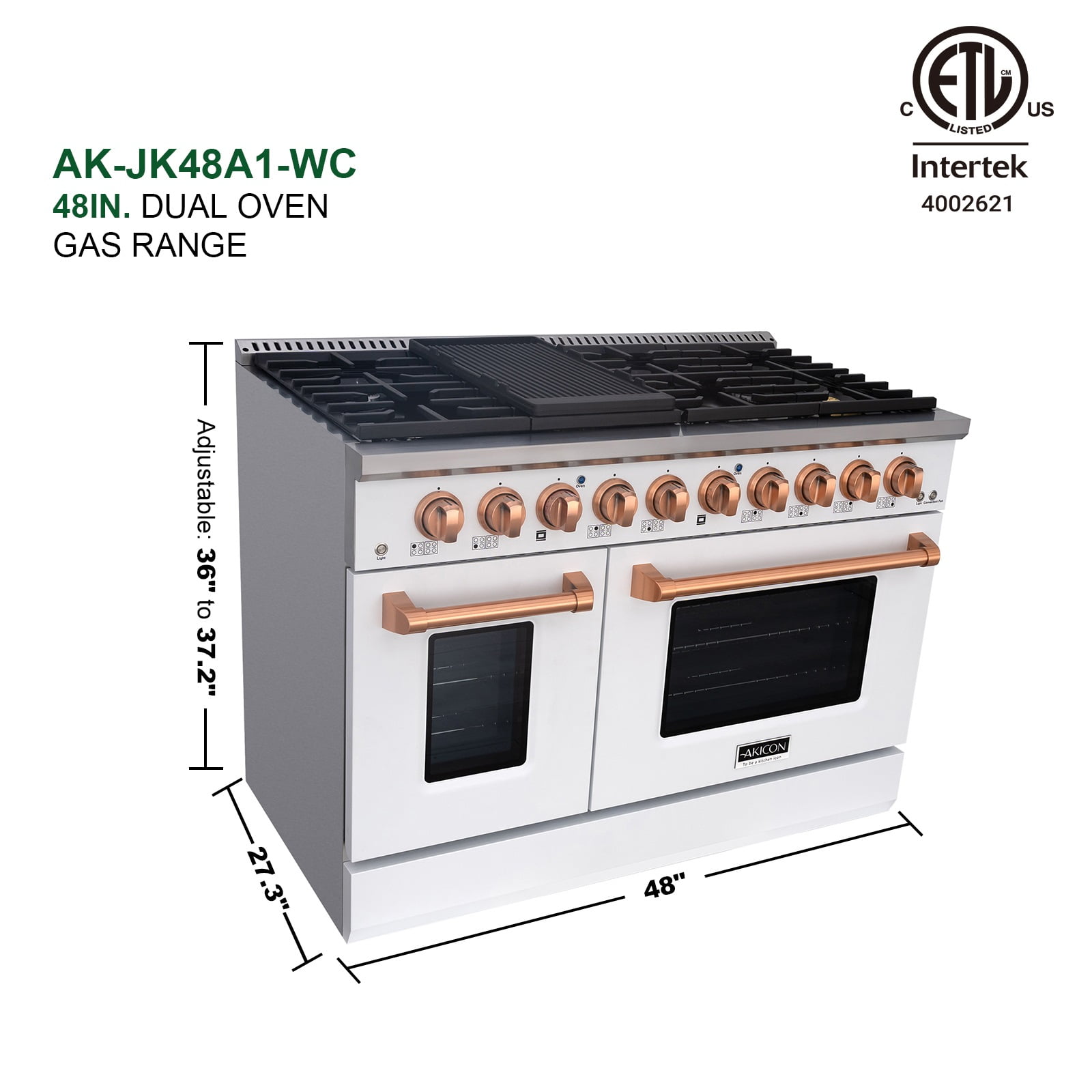 Akicon 48" Slide-in Freestanding Professional Style Gas Range with 6.7 cu. ft. Oven, 8 Burners, Convection Fan, Cast Iron Grates, & Blue Porcelain Oven Interior, White with Copper
