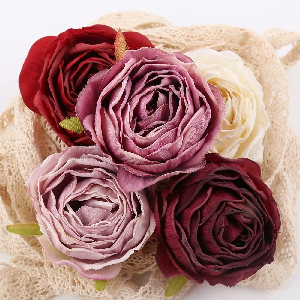 Burgundy Flowers Artificial Roses Heads Fake Roses Combo Purple Artificial Flowers Vingtage Dried Flowers Silk Roses Heads Bulk for Decoration Bridal Bouquets for Wedding (Mixed Color)