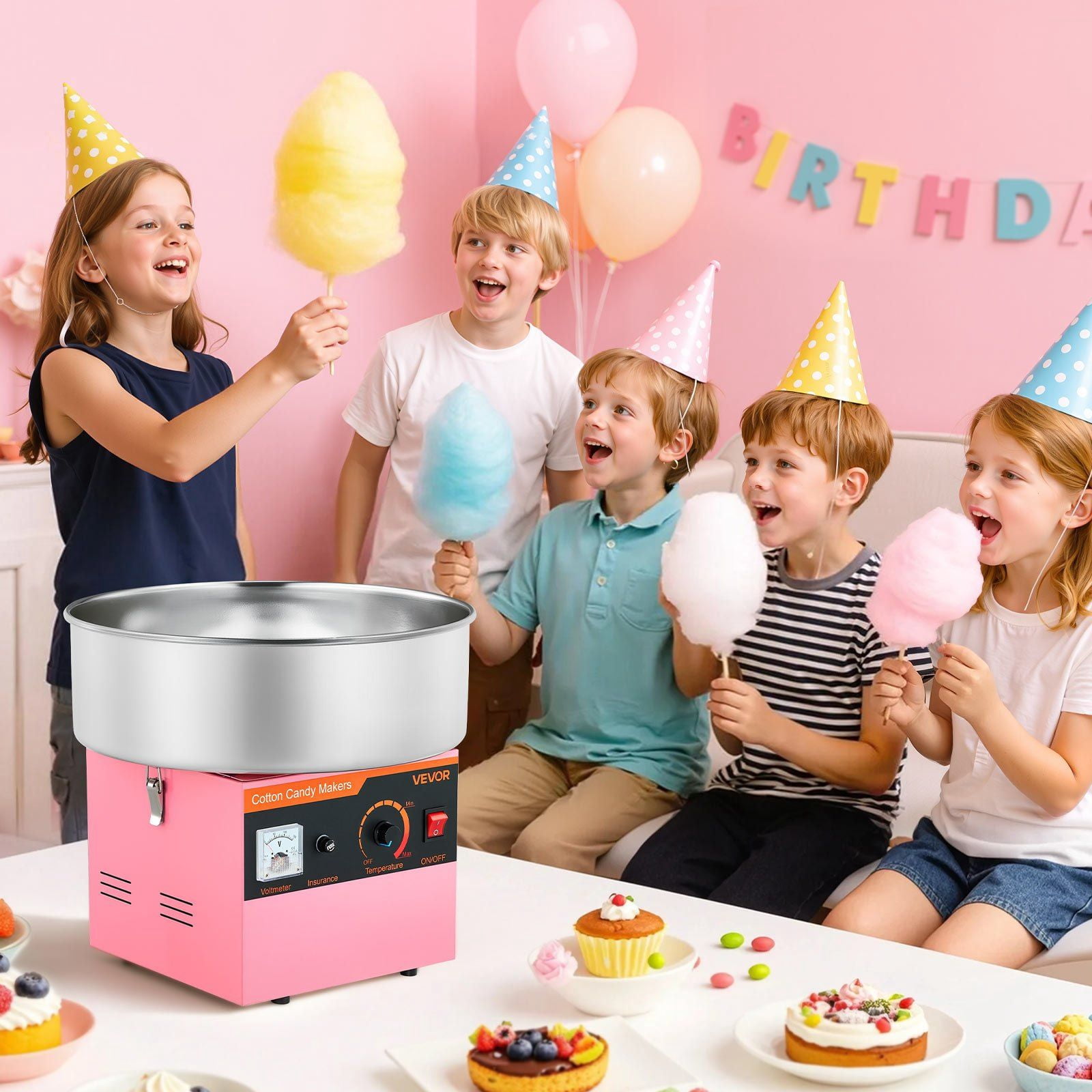 Commercial Cotton Candy Machine Electric Sugar Floss Maker 1000W Stainless Steel Plate Pink Body with Overheat Protection, 3.7oz Sugar Capacity, Easy Operation, Quick Cleanup