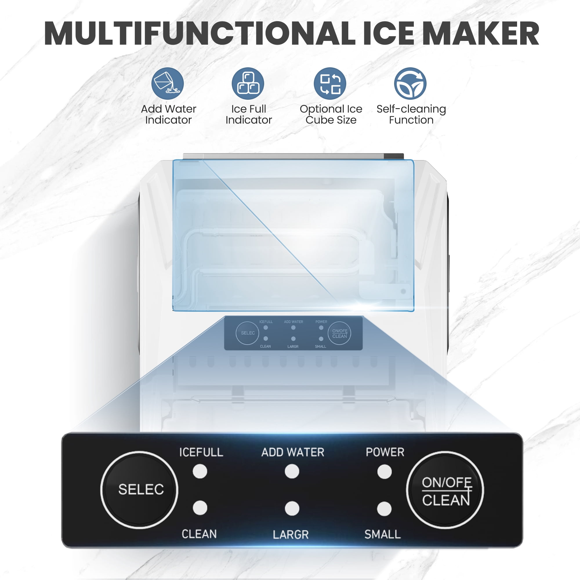 CONCETTA Countertop Ice Maker, 9pcs in 6 Mins, 26lbs/24H ,Bullet Ice Maker with Ice Scoop and Basket, White