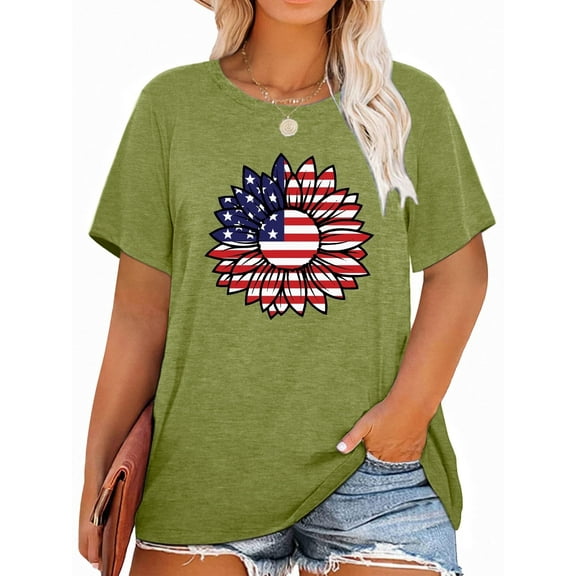 XCHQRTI USA Flower Tshirt Women Plus Size Graphic T-Shirt 4th of July Short Sleeve Top