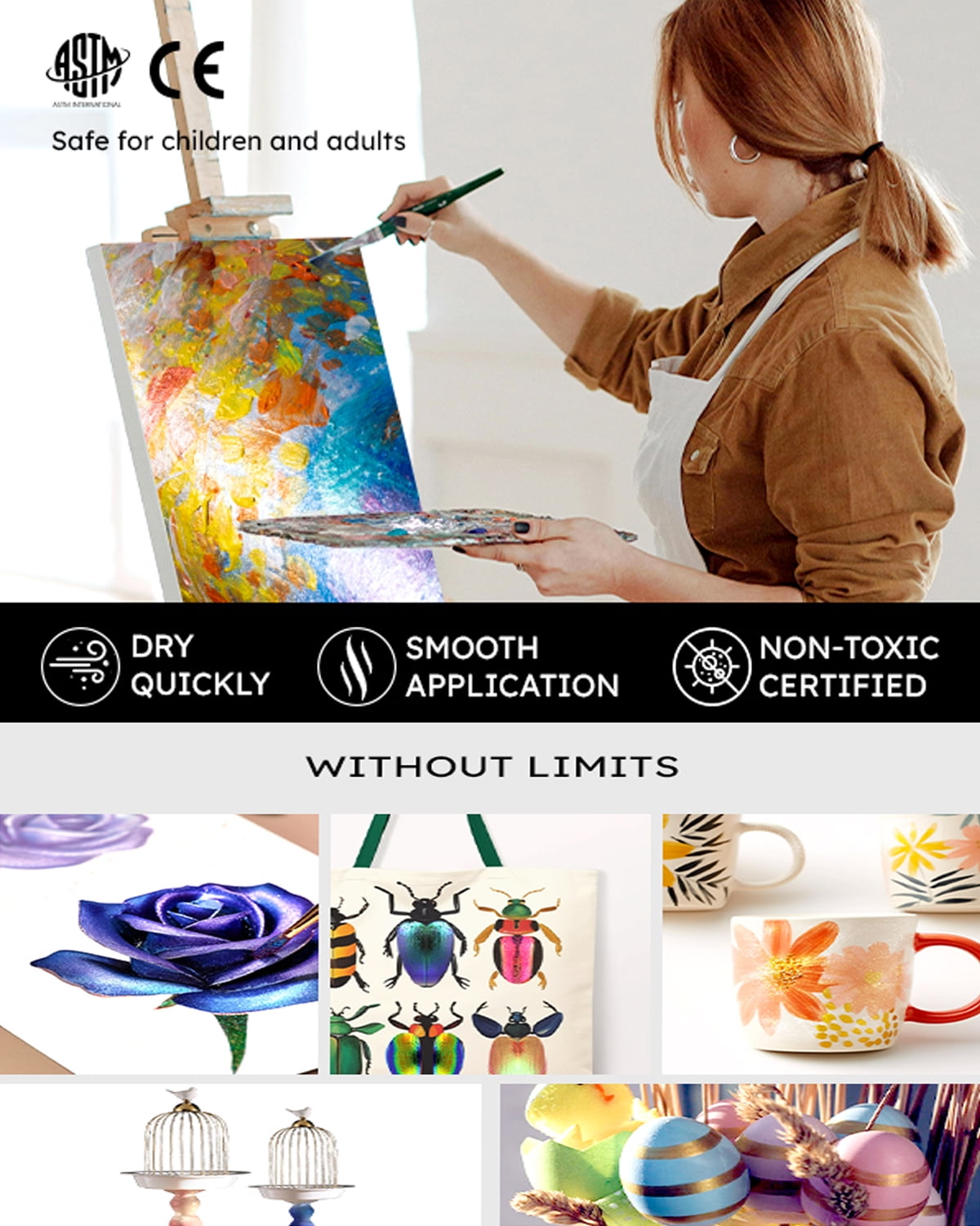 Fantastory Acrylic Paint Set, 20 Metallic Colors, 2 oz, 12 Brushes