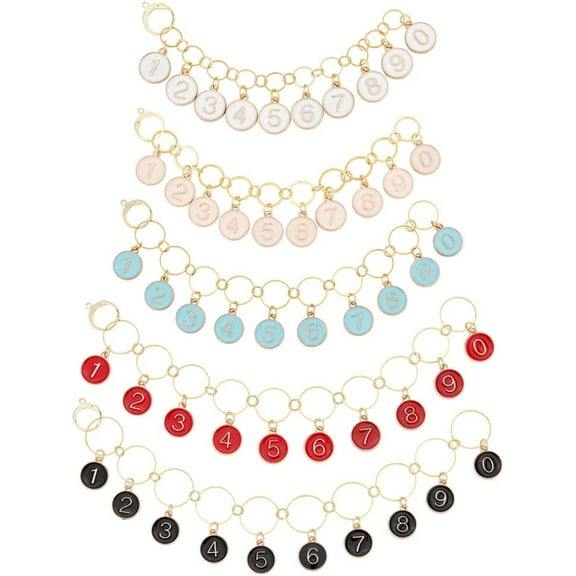 5 Pcs 5 Styles Alloy Enamel Number 0~9 Knitting Row Counter Chain Brass Link Knitting Row Counter Stitch Markers Row Counting for Knitting Weaving Sewing Accessories