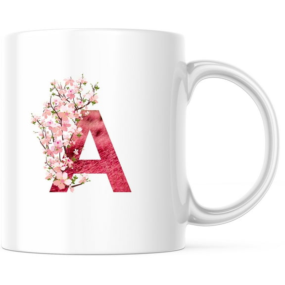 Floral Initial Mug - Pink Flowers Monogram Mug - Alphabet Letter A Coffee Cup - Gift for Her - 11 Ounce Novelty Coffee Cup - WMUG0073