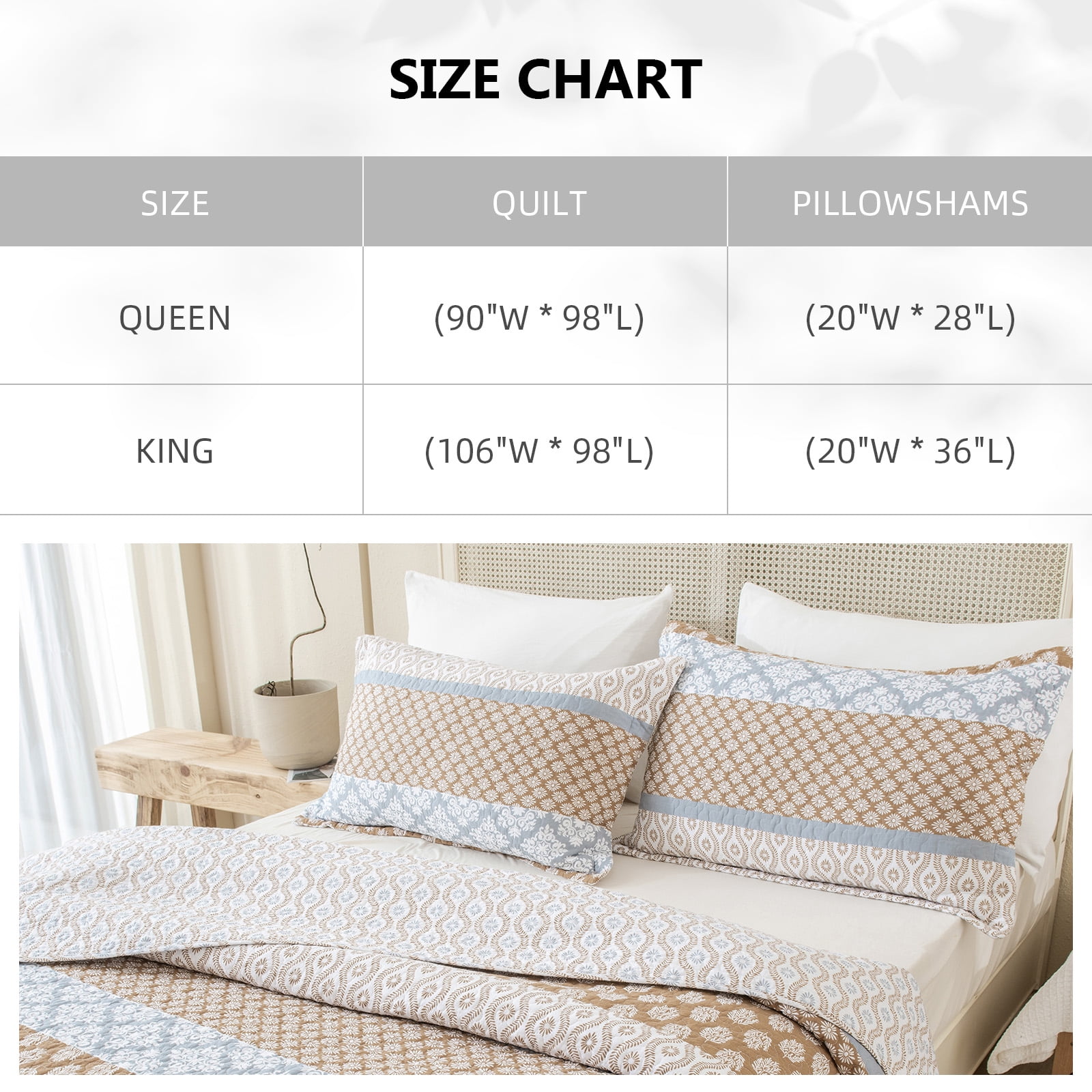 PANGUSHAN 100% Cotton Brown Quilt King Size, King Quilt Bedding Set Quilted Bedspreads, Lightweight Reversible Floral Comforter for King Bed, All Season, Brown/Gray, 3 Pieces