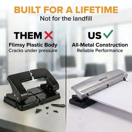 Bostitch Office Premium 3 Hole Punch, 12 Sheet Capacity, Metal, Rubber Base, Easy-Clean Tray, Silver - Image 7