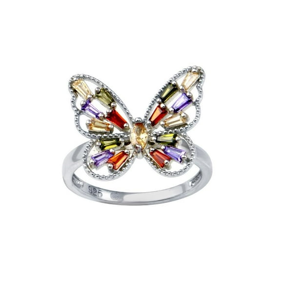 Rhodium Plated Sterling Silver Multi Baguette Butterfly Ring Multi-color CZ Female Size 9
