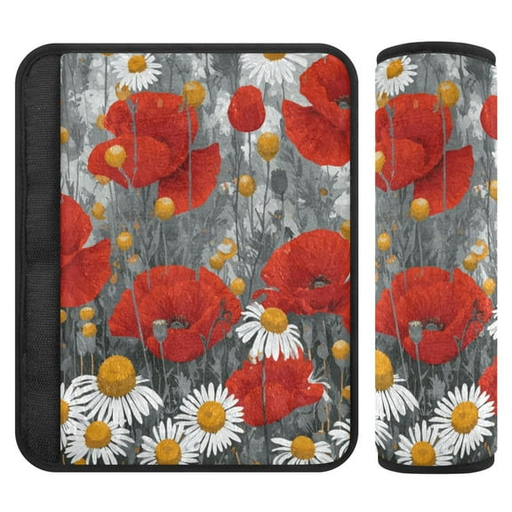 2-Pack Seat Belt Covers with Flannel Seatbelt Shoulder Strap Case Adjustable Straps Soft Padding for Car Red Flowers and Daisies Small