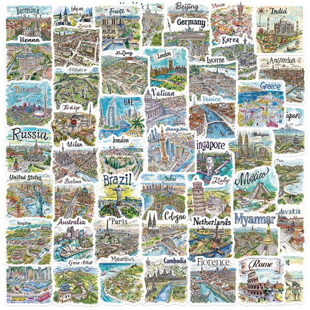 Paquete de pegatinas dibujadas a mano sobre viajes por el mundo, 50 unidades, de vinilo impermeable