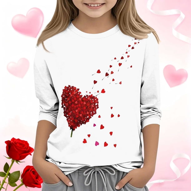 Blusas y camisas de cuello redondo y manga larga para niños, blusas/camisas de poliéster con estampado de corazones, mangas 3/4 y cuello redondo, elegantes e informales.