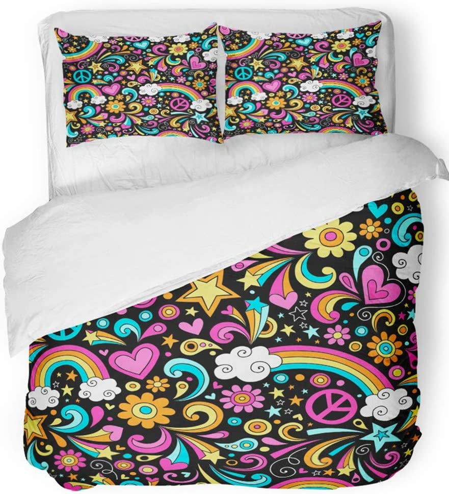 ZHANZZK 3 Piece Bedding Set Heart Rainbows Groovy Peace Doodle Design