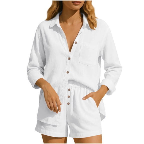 Kaemgyyd Women 2 Piece Set Linen Outfits Summer Casual Long Sleeve Button down Shirt and Shorts with Pocket Lounge Sets Streetwear