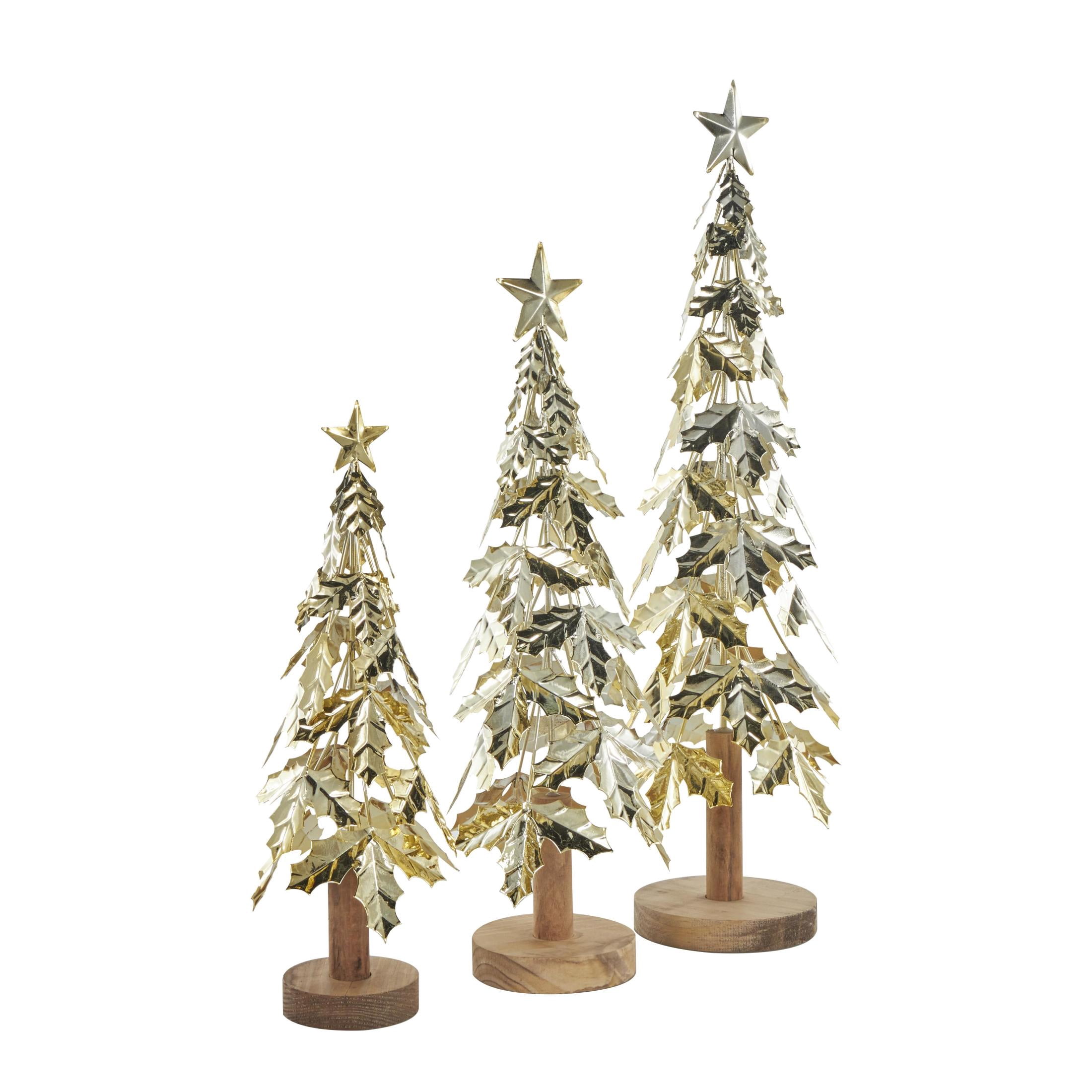 22", 18", 14"H Gold Metal Holiday Holly Leaf Tree Christmas Sculpture with Wooden Base and Star Topper, by DecMode (3 Count)