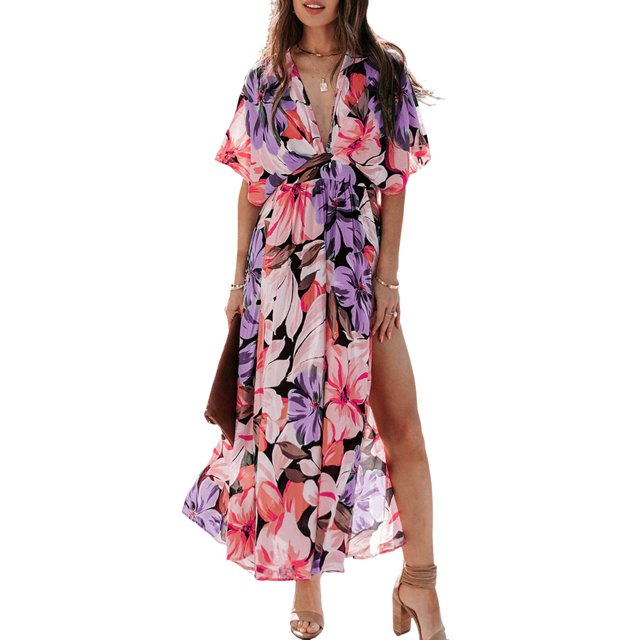 WILLBEST Vestidos de Verano 2025, Vestidos de Moda para Mujer, Vestido Sexy con Abertura y Estampado Floral de Cintura Alta Mediana