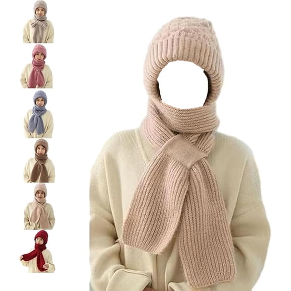 Friendlyk Winter Versatile Knitted Hooded Scarf, 2-in-1 Stretchy Soft Thick Knitted Winter Hat Windproof Warm Scarfs Cap