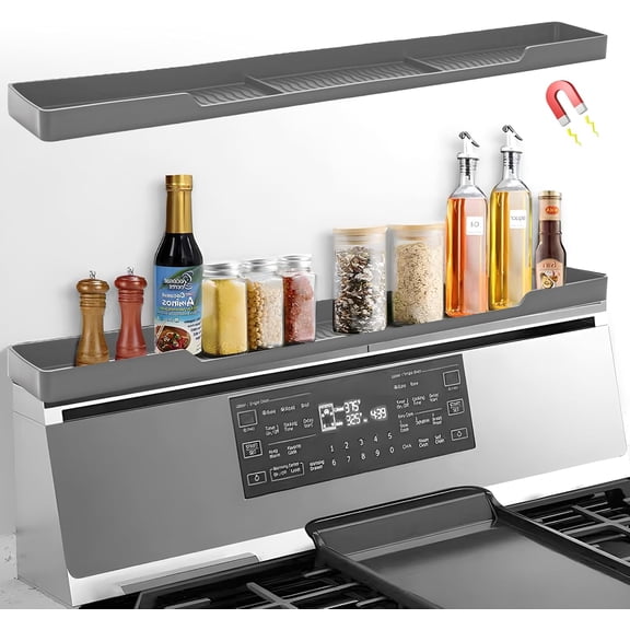 Neighborly Nook 30 Inch Magnetic Stove Top Shelf | 3-Zone Kitchen Organizer with Anti-Slip & Anti-Fall Design | Heat Resistant (-40°F to 446°F) Food-Grade Silicone Spice Rack for Flat Stoves-Grey