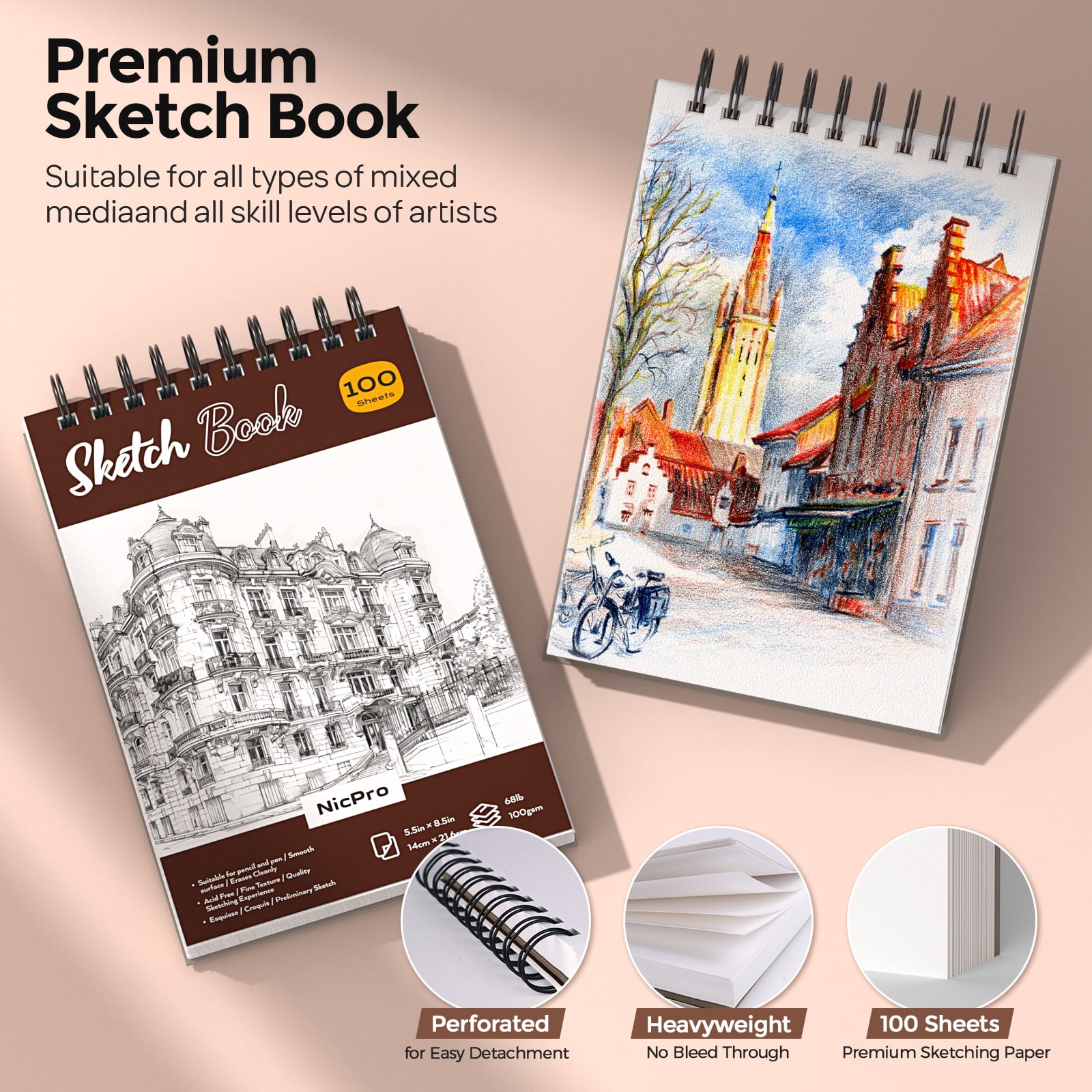 Nicpro 58 PCS Art Drawing Supplies Kit in Leather Case, Art Mechanical Pencil Set with 6 Metal Drafting Pencil 0.5 & 0.7 & 0.9 & 2mm, 12 Micron Pen, Sketch Book, 30 Tube Lead Refills for Sketching