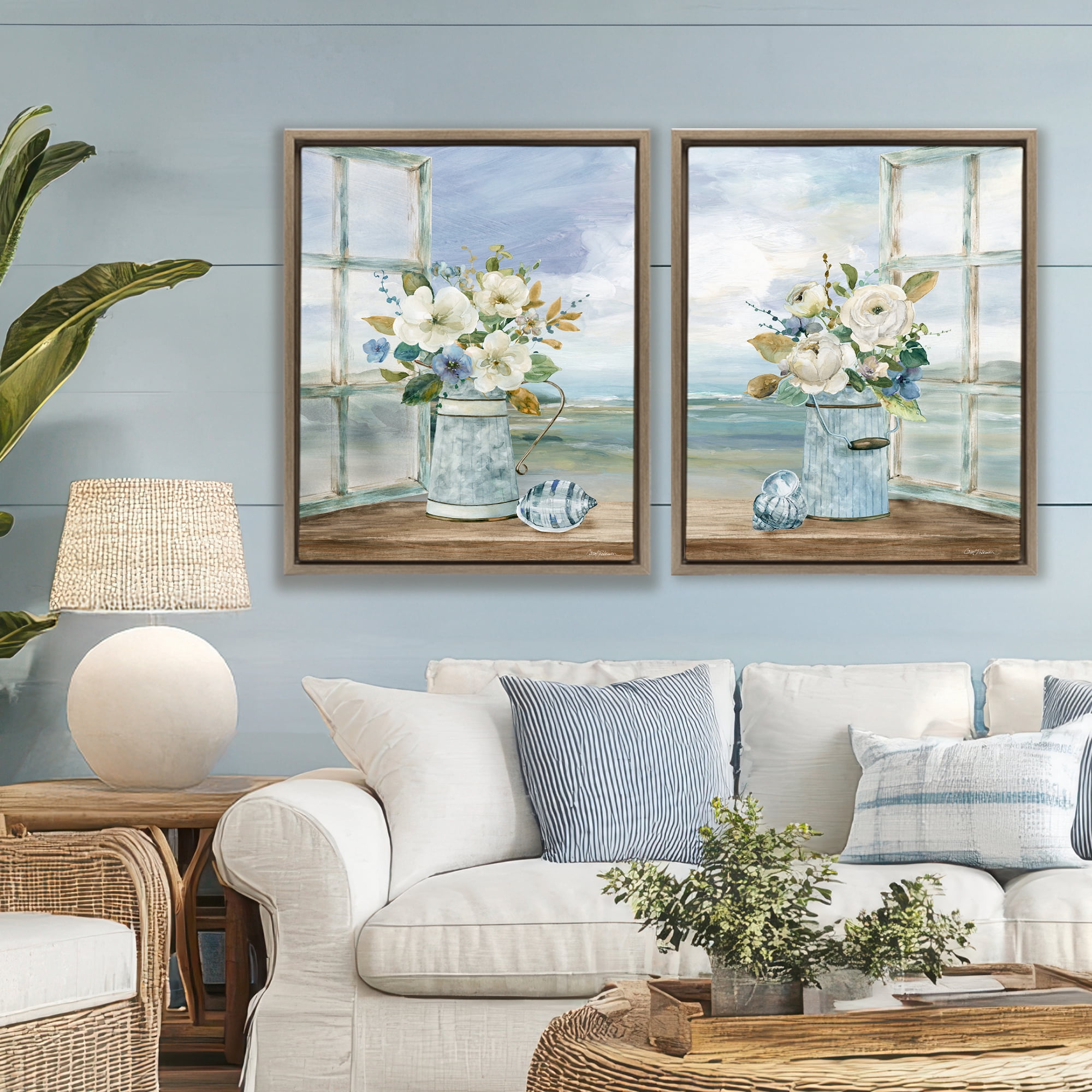 Stupell Industries Seaside Bouquets in Window 2 Piece Brown Framed Floater Canvas Set, design by Carol Robinson