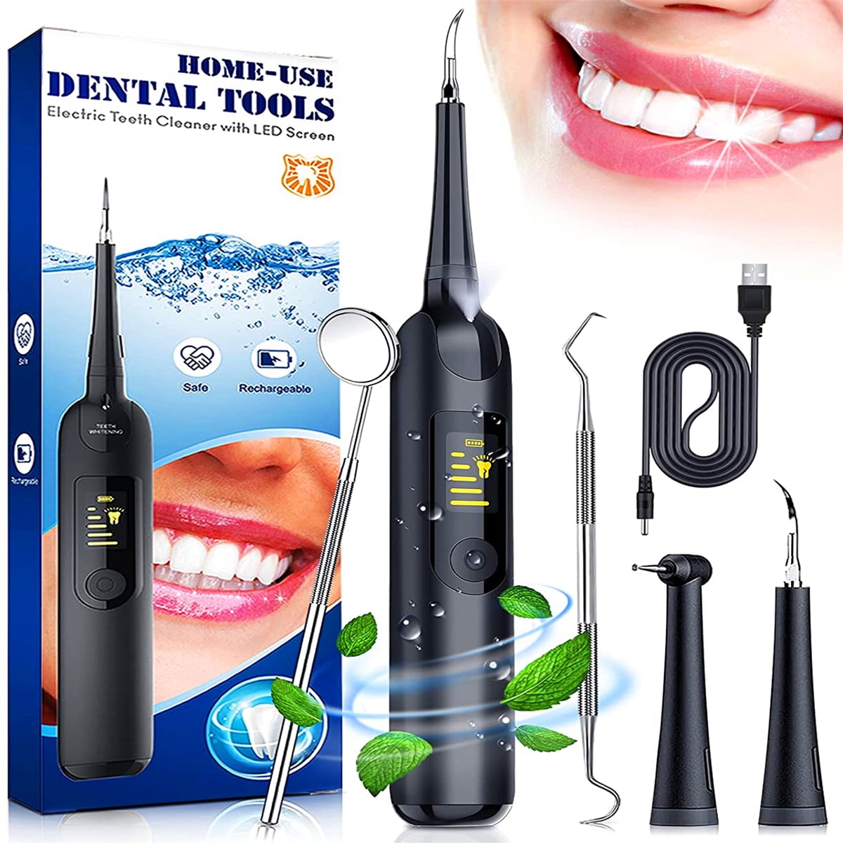 Electric Plaque Remover for Teeth, Ultrasonic Tooth Cleaner Dental Calculus Remover with LED Display Teeth Cleaning Kit Safe for Both Adult Kids (Black)