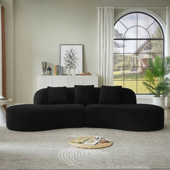 Contemporary Corduroy Sectional Sofa Compressed Upholstered, Curved 4-Seater Couch with Scatter Cushions No Assembly Required for Living Room Apartment, Black