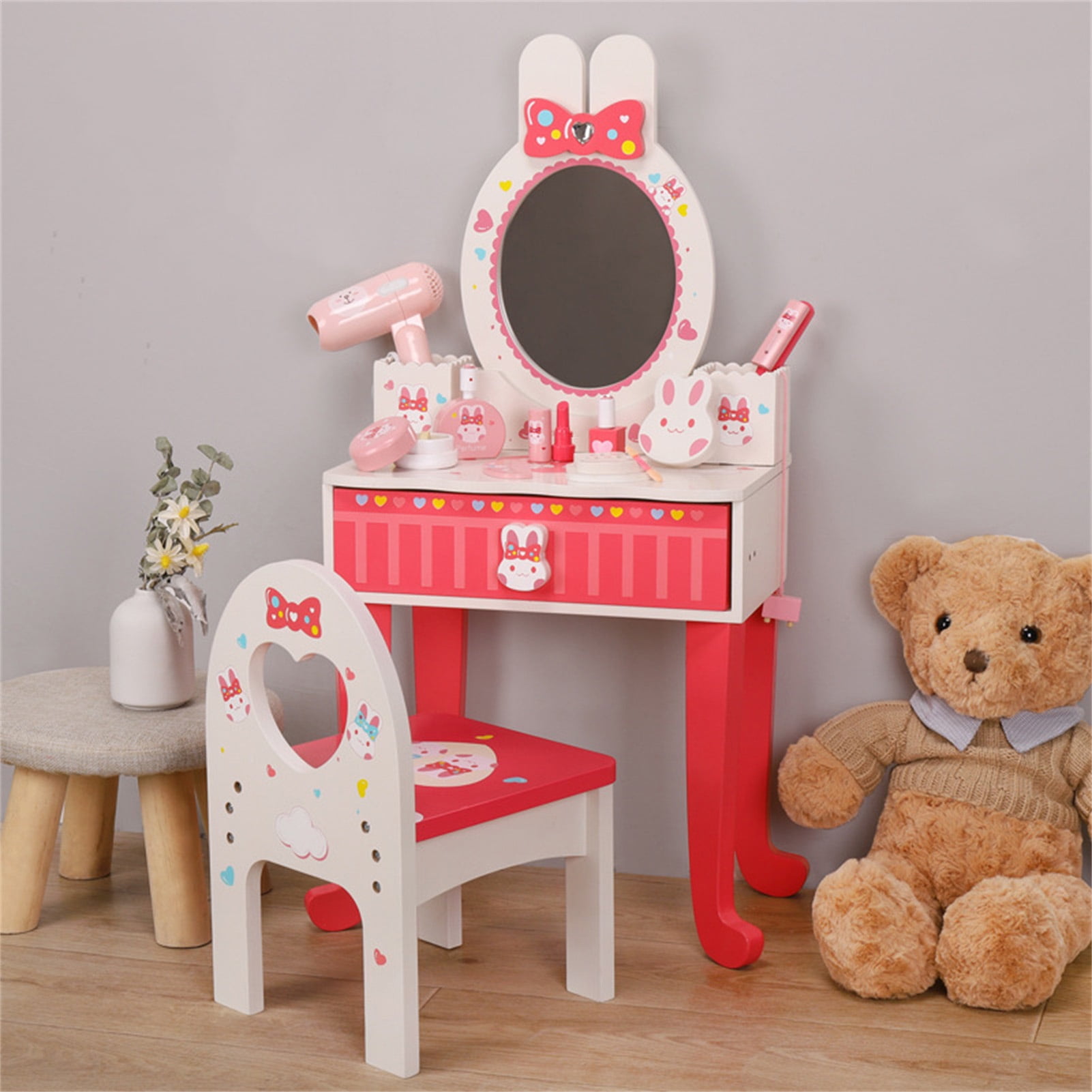 Youthink Kids Makeup Table Set Cartoon Pattern Vanity Dressing Table Makeup Accessories Pretend Play Toy
