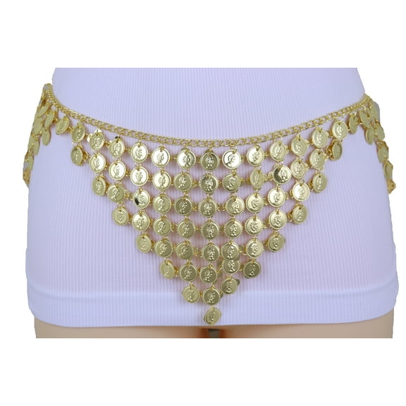 Women Belly Dancing Belt Gold Metal Chain Coin Charms S M
