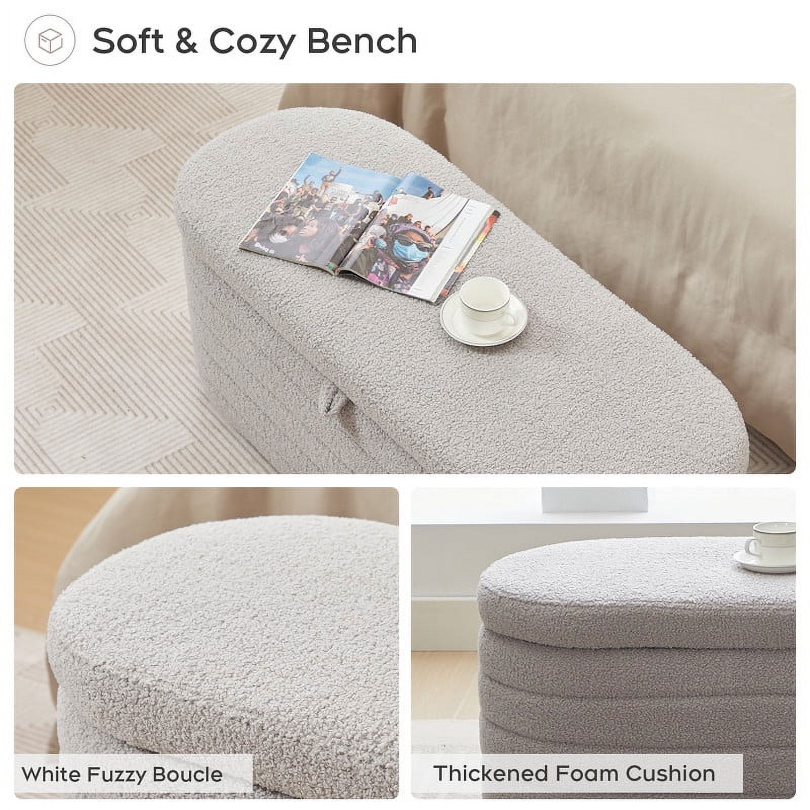 Comfort Stretch 45x16.5 Inch Gray Teddy Storage Ottoman Bench,Oval Footrest with Anti-Slip Legs