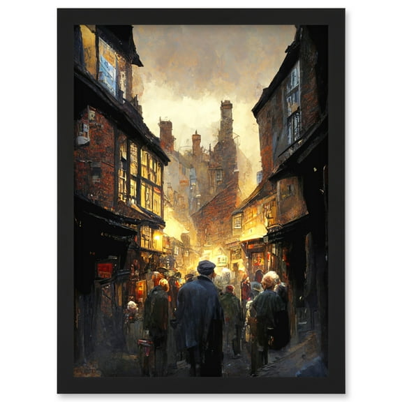 The Shambles York Medieval City Street Oil Painting Artwork Framed Wall Art Print A4