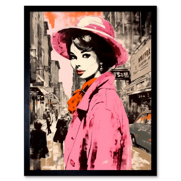 Retro Aesthetic Vintage Fashion Woman in Street Art Print Framed Poster Wall Decor 12x16 inch