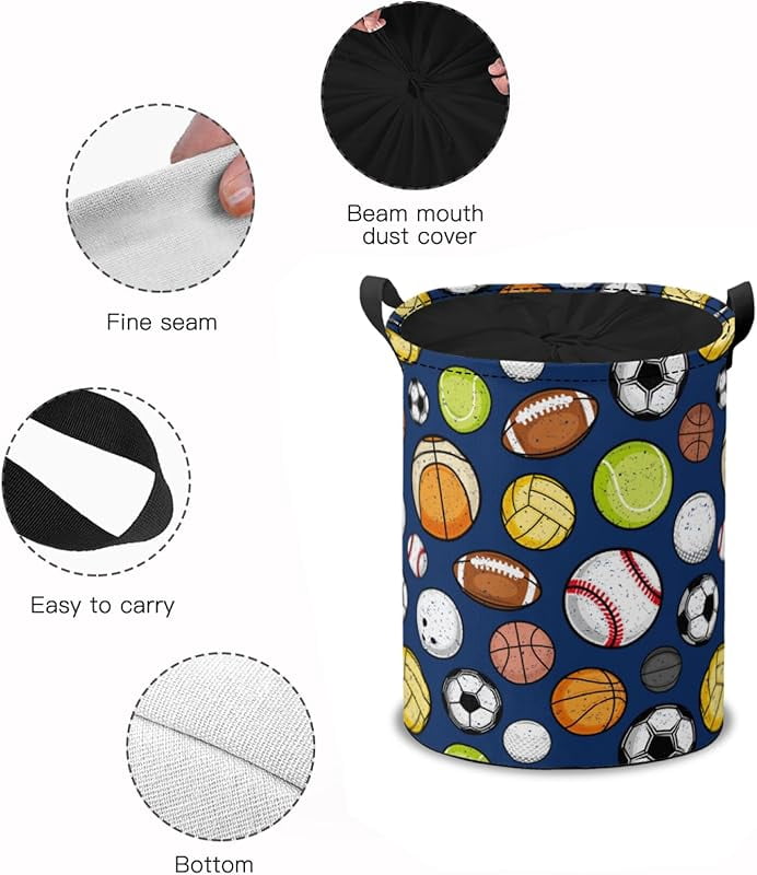 Sport Balls Seamless Pattern Laundry Basket Collapsible, Dirty Clothes Laundry Hamper for Bedroom Bathroom College Dorm Nursery Toy Organizer Storage Basket Round Gifts Basket