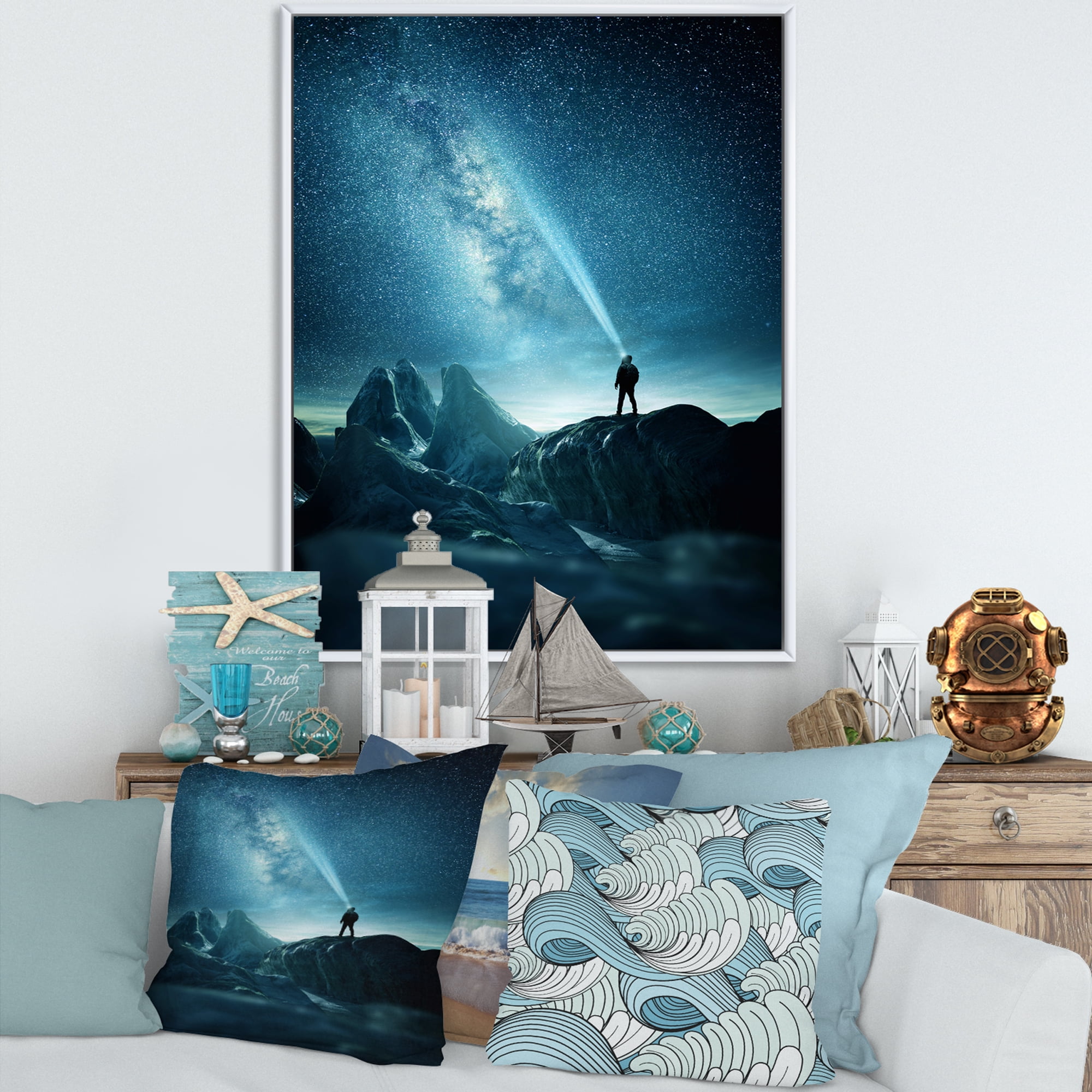 Designart 'A Light Shining by A Man Shining Into The Night Sky' Modern Framed Canvas Wall Art Print