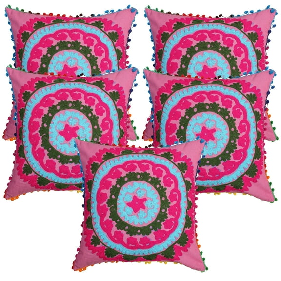 Stylo Culture Indian Sofa Throw Pillow Covers Sujani Embroidered 16 x 16 Pink Blue Elegant 40cm x 40cm Pom Pom Lace Cotton Floral Square Cushion Covers | Set Of 5