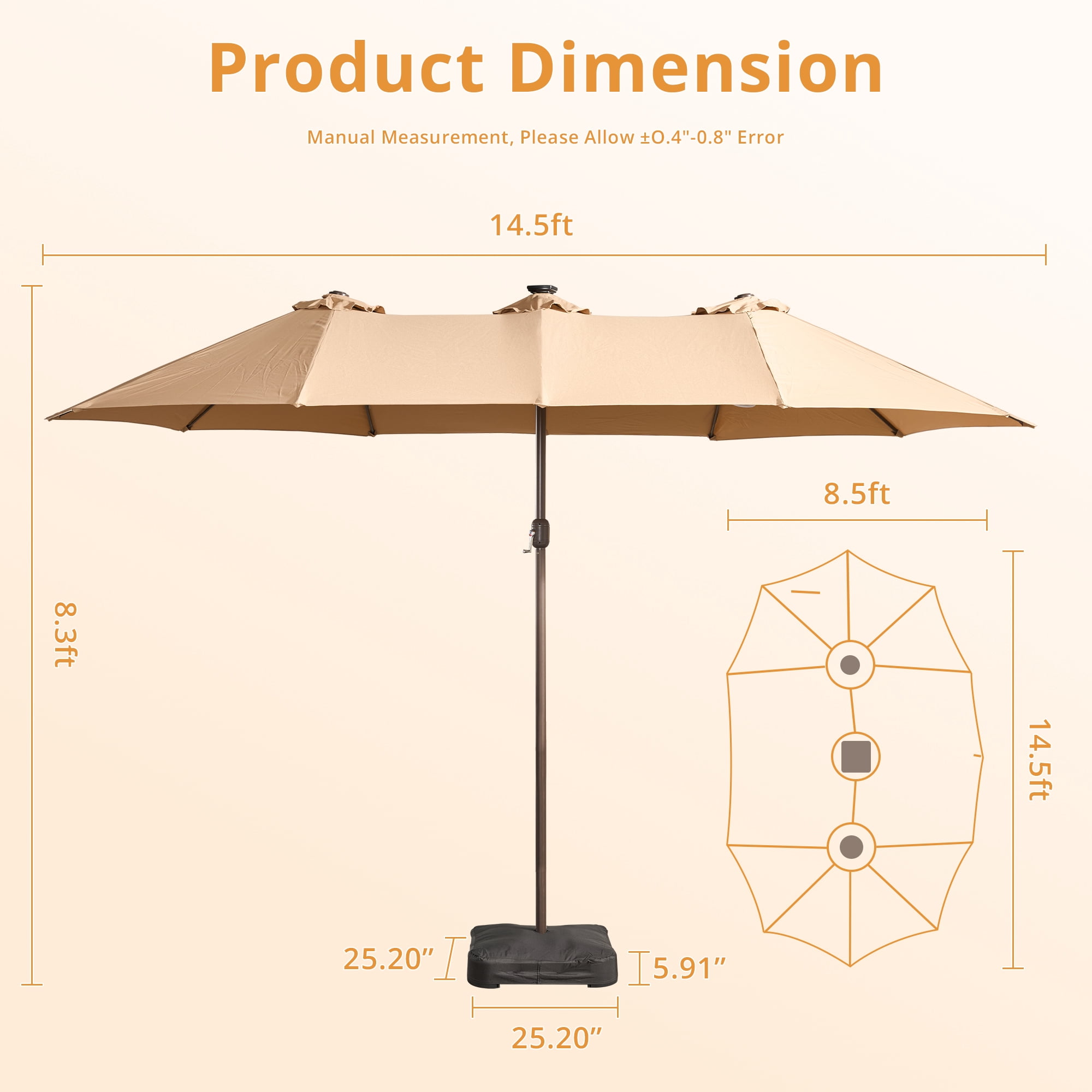 Vcatnet 15ft Large Patio Umbrella with Solar Lights Outdoor Double-Sided Rectangle Market Umbrella with Crank Handle and Base, Khaki