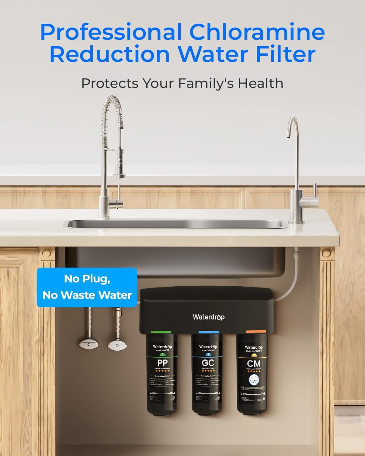 Waterdrop TSB-CM Under Sink Water Filter System, Under Sink Water Filtration System with Brushed Nickel Faucet,NSF/ANSI 42 Certified Element