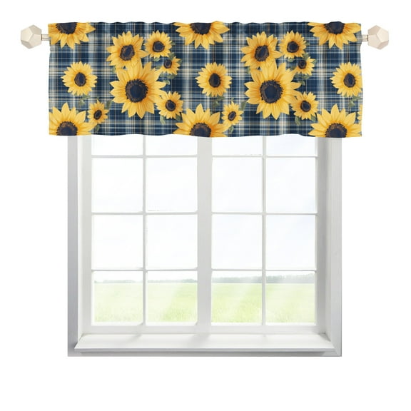 KuphiL10C Sunflowers Kitchen Valance for Windows farmhouse, Blue Plaid Valance Curtains for Kitchen Bedroom, Rod Pocket, 54x18 inch, 1 Panel
