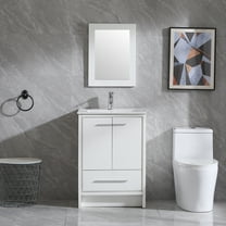 Wonline 24inch White Bathroom Vanity with Sink Stand Floor Cabinet White Ceramic Sink with Mirror Faucet