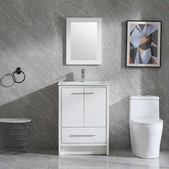 Wonline 24inch White Bathroom Vanity with Sink Stand Floor Cabinet White Ceramic Sink with Mirror Faucet