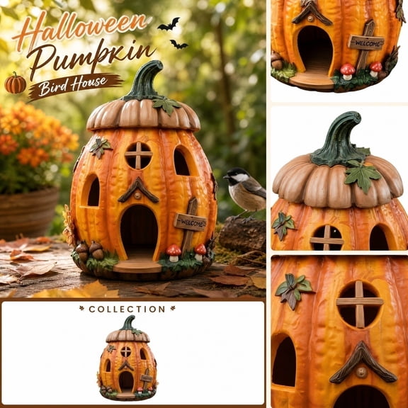 Halloween Pumpkin Bird House, Resin Bird Feeder for Outside Garden Yard Decor, Weatherproof Hanging Birdhouse with Arched Entrance for Small Birds, Autumn Porch Ornament Gift