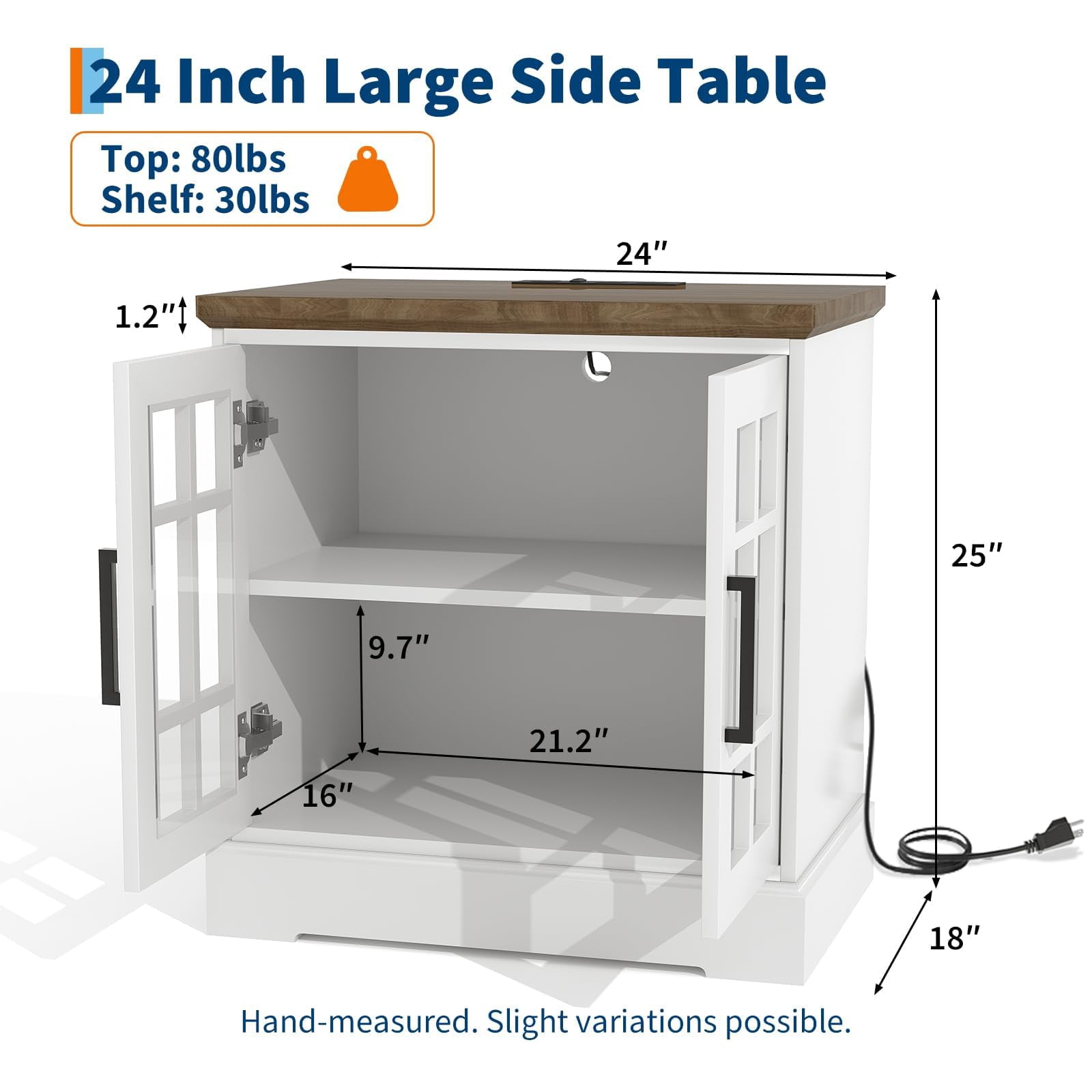 Farmhouse End Table with Charging Station, 24" Large Sofa Side Table, Nightstand with Adjustable Storage Shelf,Wood Square Bedside Table for Living Room,Bedroom