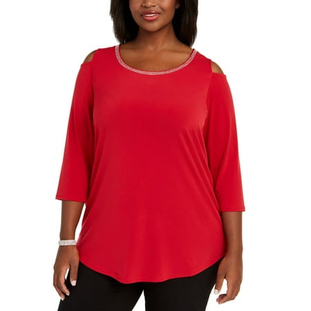 JM Collection Women's Plus Size Diamonte-Trim Cold-Shoulder Tunic Red Size 1X