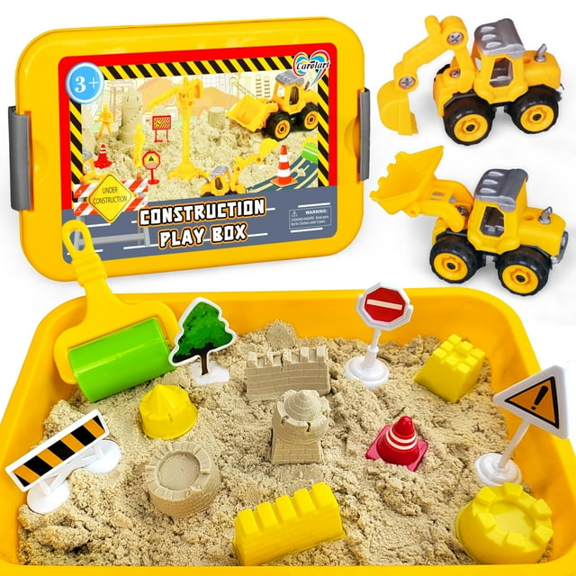 Carolart Construction Sensory Bin Tractor Sand Playset Construction Sandbox con camión de juguete, juego de arena y letreros, kit de arte de arena para niños de 3 años en adelante
