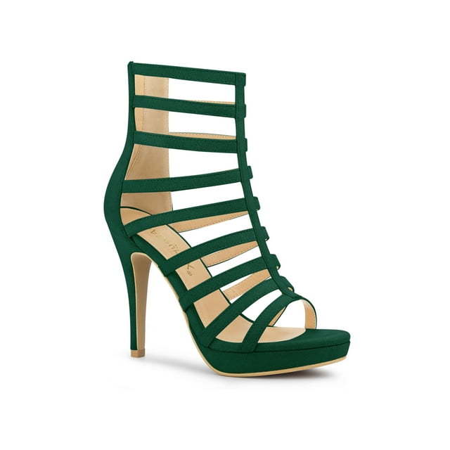 BLISSFUL STEP Women's Open Toe Platform Stiletto Heel Cage Heeled Sandals Green 7