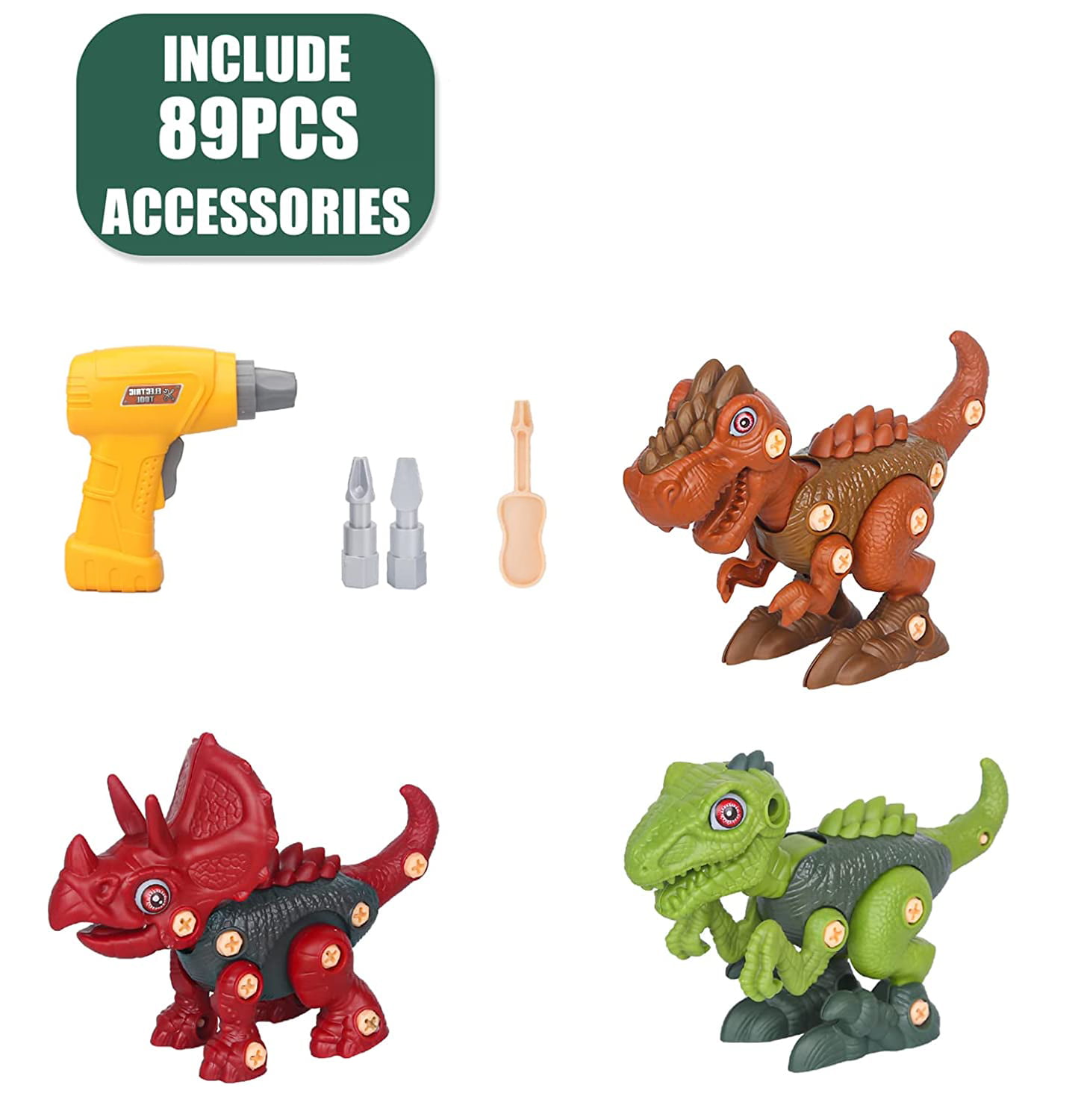 3 Pack Dinosaur Toys (Tyrannosaurus Rex, Triceratops, and Velociraptor),  Take Apart Toys with Electric Drill, Stem Educational Construction Building  Toys Xmas Birthday Gift for Kids Age 3-7 