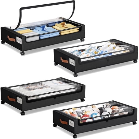 Under Bed Storage with Wheels 4Pack Under Bed Storage Containers Underbed Shoe Storage Organizer Rolling Under Bed Metal Drawers for Clothes Blankets