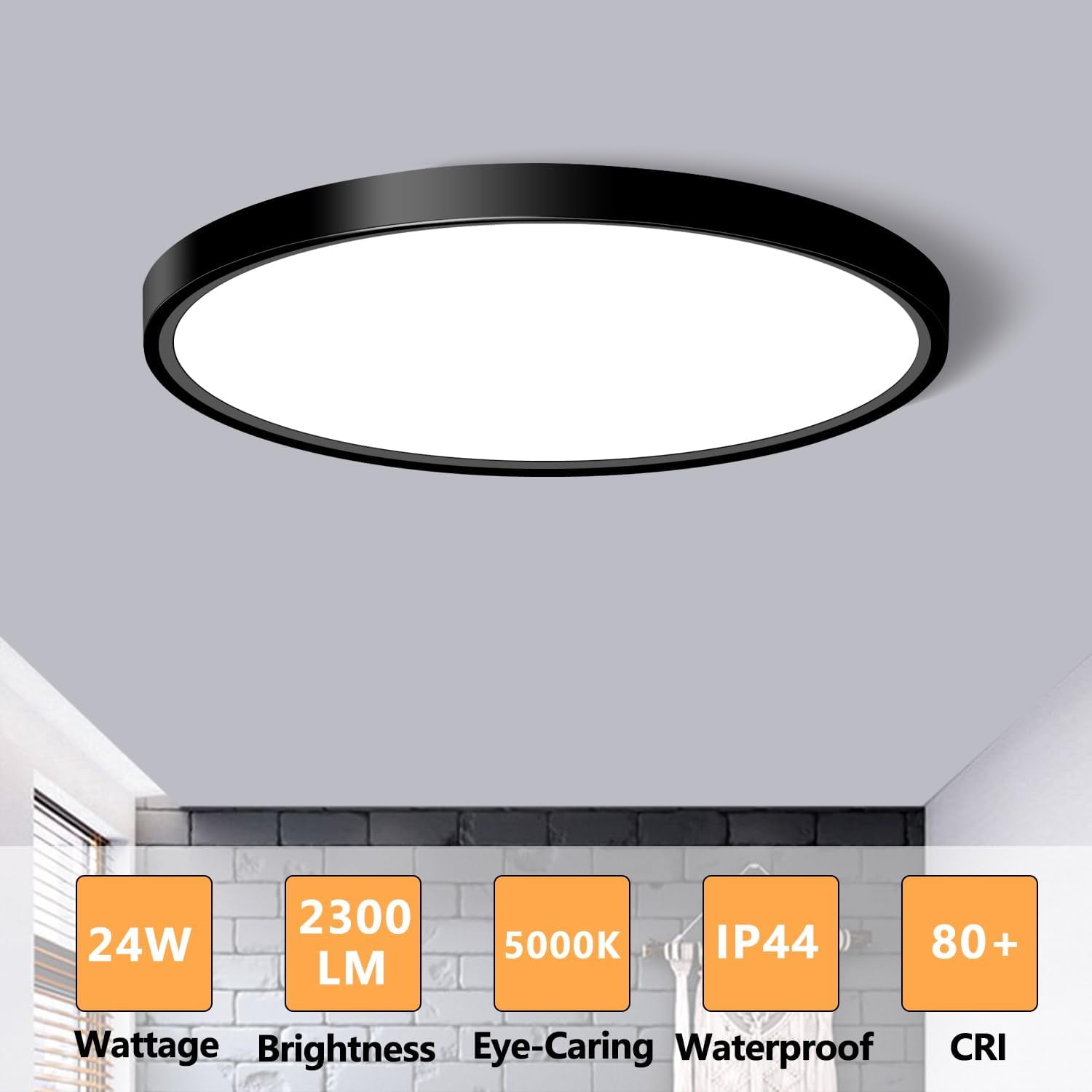 12 inch LED Flush Mount Ceiling Light, 24W 5000K 2300LM Ultra Thin Panel Light, Low Profile Surface Mount Fixture for Bedroom Kitchen Bathroom Garage Living Room Lighting