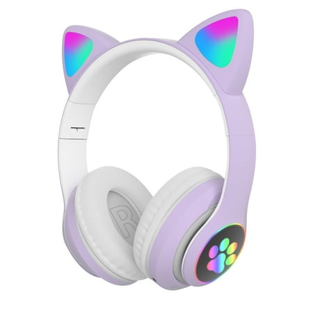 Kiplyki Wireless Cat Ear Headphones Bluetooth 5.0 Wireless Cat Ear Headset LED Light Headphone W/Mic Gift For Kids