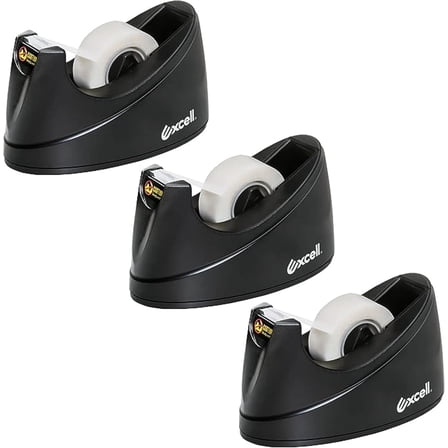 Excell OFFICEPLUS Desk Tape Dispenser with Non-Skid Base, 3/4" Wide, 1" Core, Durable Plastic Tape Holder, Weighted Tape Dispenser for Desk, Easy Use w/One Hand 1 inch Tape Dispenser - 3 Pack