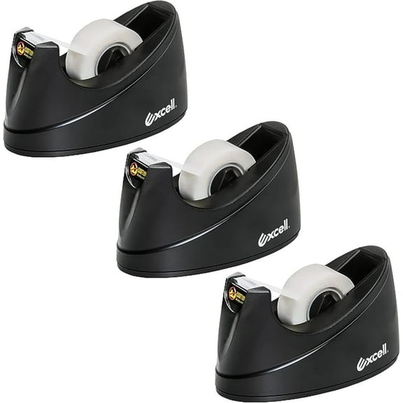 Excell OFFICEPLUS Desk Tape Dispenser with Non-Skid Base, 3/4" Wide, 1" Core, Durable Plastic Tape Holder, Weighted Tape Dispenser for Desk, Easy Use w/One Hand 1 inch Tape Dispenser - 3 Pack