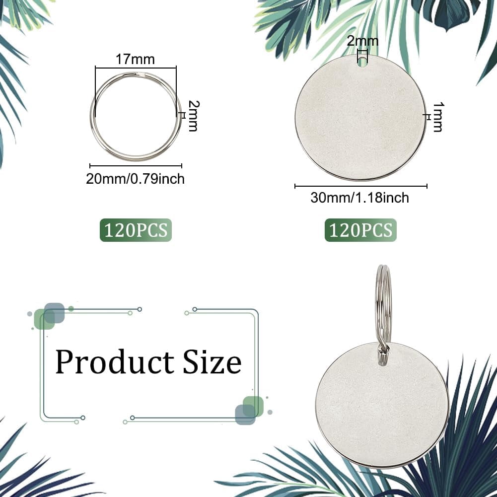 120Pcs Metal Engraving Blanks 1.2 Inch Stainless Steel Stamping Blanks with Key Rings Round Blank Tags Metal Tags with Holes Stamping Tag Pendants for DIY Crafts Necklace 1box